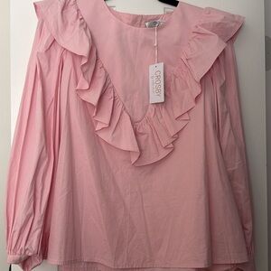 crosby. Pink Ruffle-Front Long Sleeve Blouse